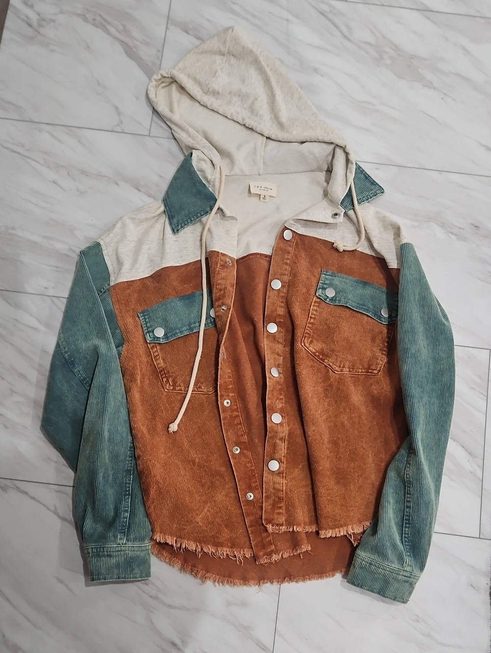 1.4.3. Story by Line Up Colorblock Corduroy Hooded Jacket - Cream/Tan/Teal